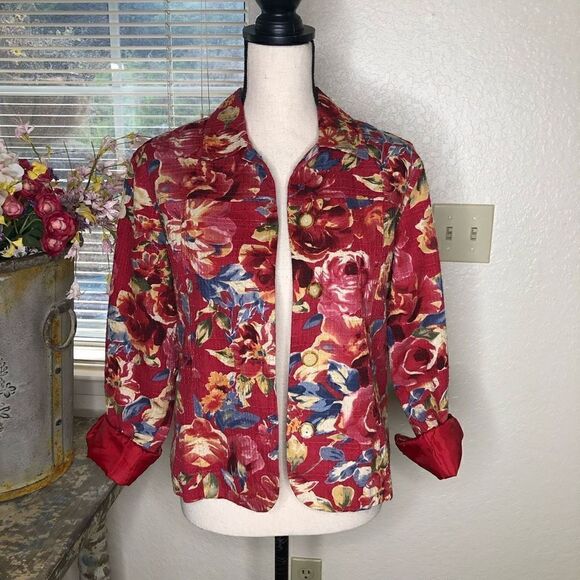 Coldwater Creek Red Floral Print Cotton Cottagecore Jacket Size PM - Picture 3 of 14